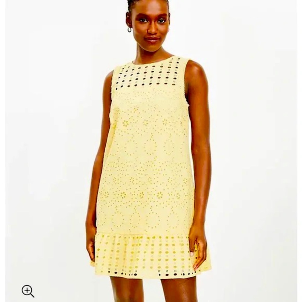 LOFT Eyelet Flounce Straight-cut dress with ruffles and eyelets SZ- 4. yellow.